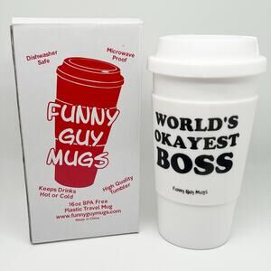 NEW Funny Guy Mugs World's Okayest Boss 16 oz. Coffee Tumbler Cup White